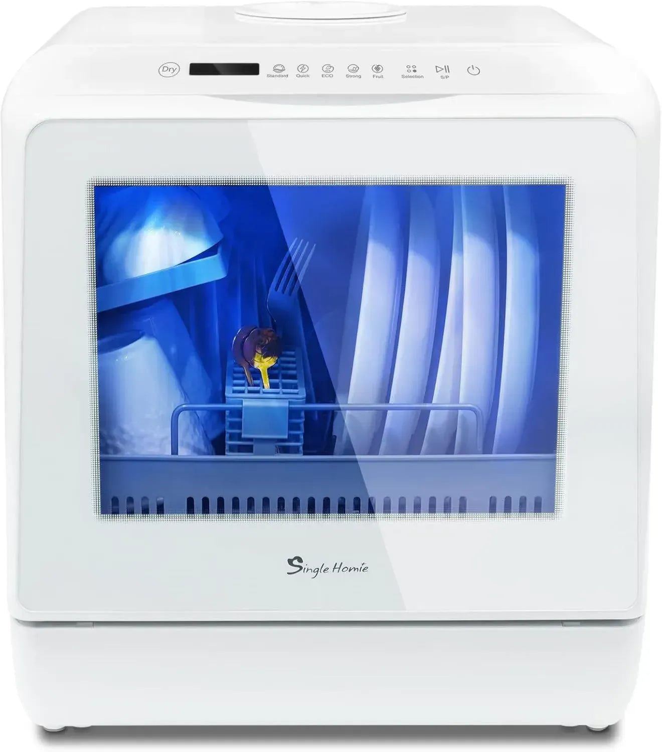 Lave-vaisselle Compact Portable, 5 Programmes, Double Alimentation, Écran Tactile LED, Lavage de Fruits, Installation Facile - Blanc