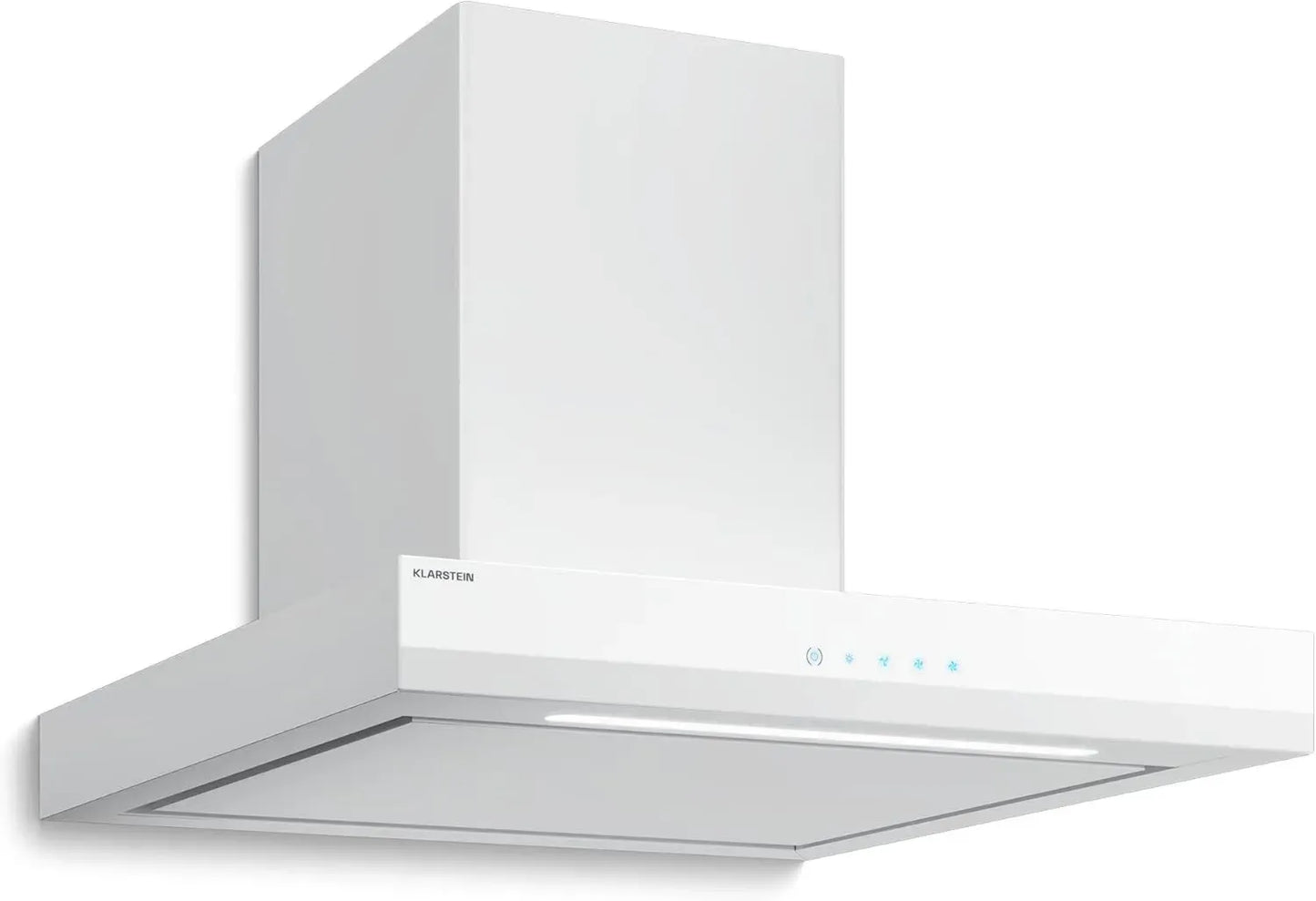 Hotte Murale Klarstein Velaire 60 cm - Efficace et Silencieuse, 600 m³/h, Classe A++, Commandes Tactiles, Éclairage LED, Filtre à Charbon, 3 Vitesses, Design Contemporain, Blanc