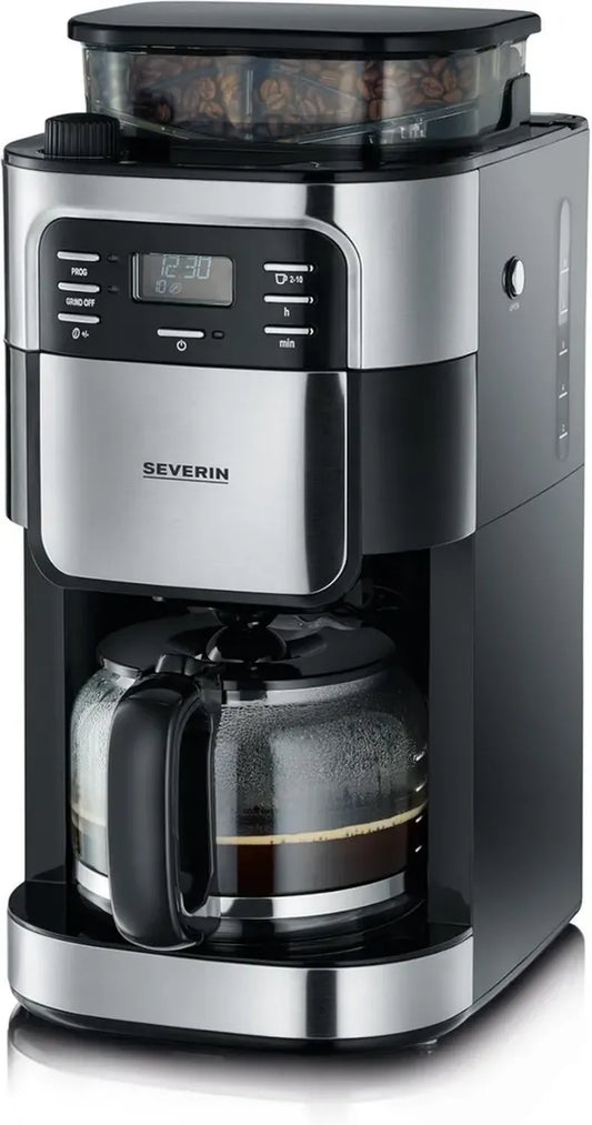 Machine à Café SEVERIN 1000W avec Broyeur et Programmation, Verseuse 10 Tasses, Noir/Inox