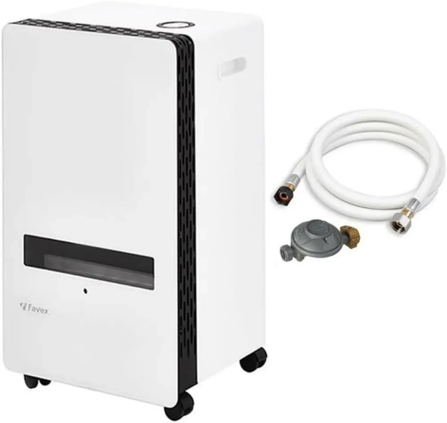 Chauffage à Gaz Infrableu Favex Harbin - Avec Tuyau et Détendeur Inclus - Utilisation Intérieure - Brûleur Inox 3 Niveaux - Efficace jusqu'à 35 m² - Couleur Blanc