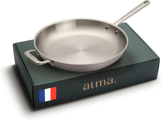 Poêle en Inox Sans Revêtement 32cm - Triple Épaisseur Compatible Induction et Four - Manche Riveté - Fabriquée en France