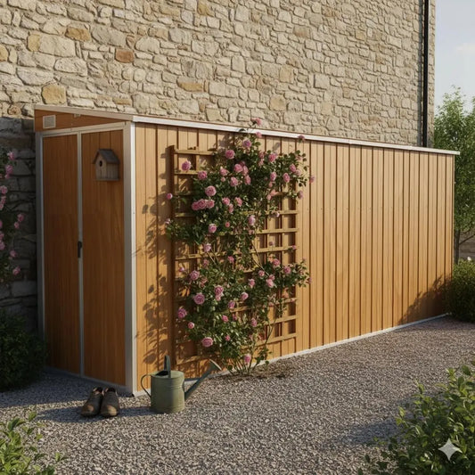 Cabane de Jardin Murale en Acier Galvanisé Imitation Bois, Marron, 118 x 382 x 178 cm, pour Stockage d'Outils et Équipements