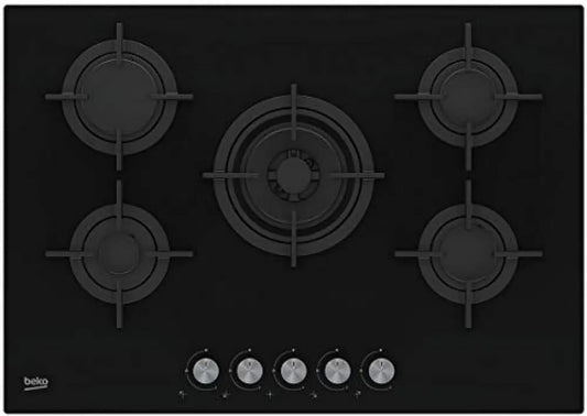 Plaque de Cuisson à Gaz 5 Feux 75 cm en Verre Noir