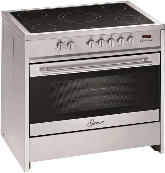 Cuisinière Indépendante 90 cm GCH E 912 X, Vitrocéramique Électrique 121 L, Multifonctions Air Chaud et Barbecue, 5 Zones de Cuisson avec Booster, Extracteur Téléscopique