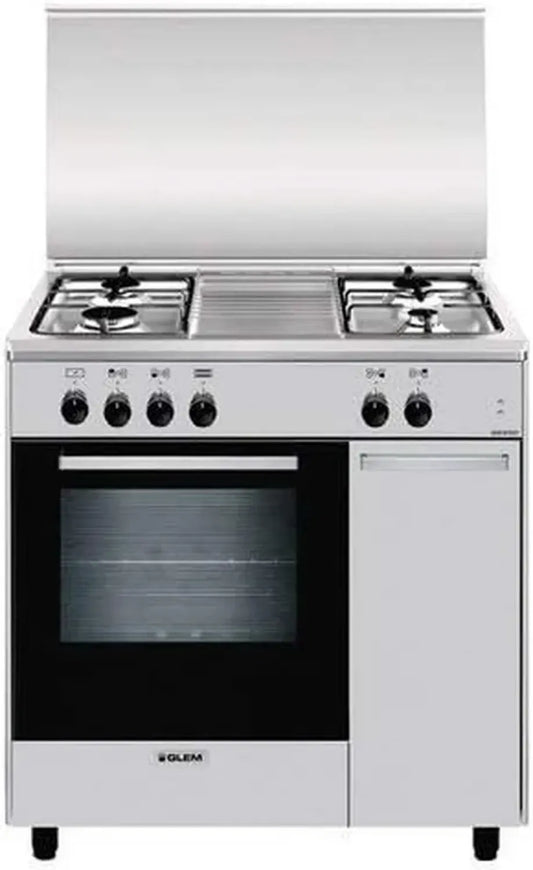 Glem Gas AS854EI cuisinière à gaz autonome en inox, cuisson tournebroche, plan de cuisson avant