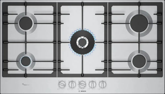 Plaque de Cuisson à Gaz Bosch Serie 6, 90 cm, FlameSelect, Poignées Amovibles, Fonction WOK, Grilles Fonte
