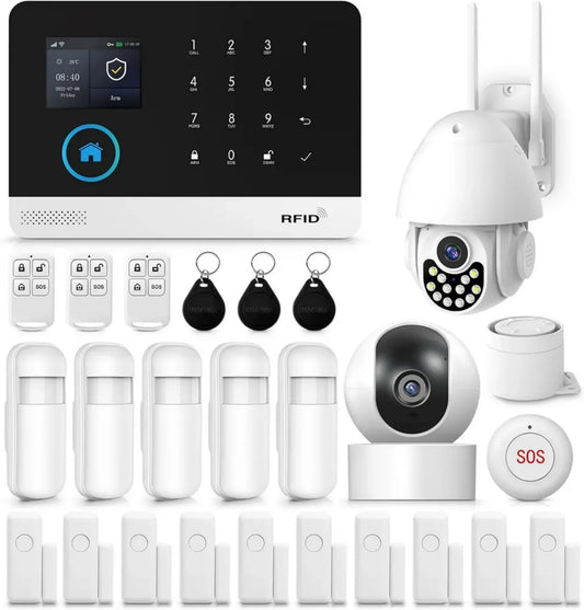 Système d'Alarme Maison WiFi Intelligent avec Caméras Intérieure et Extérieure, Compatible Alexa et Google Assistant, Support 4G