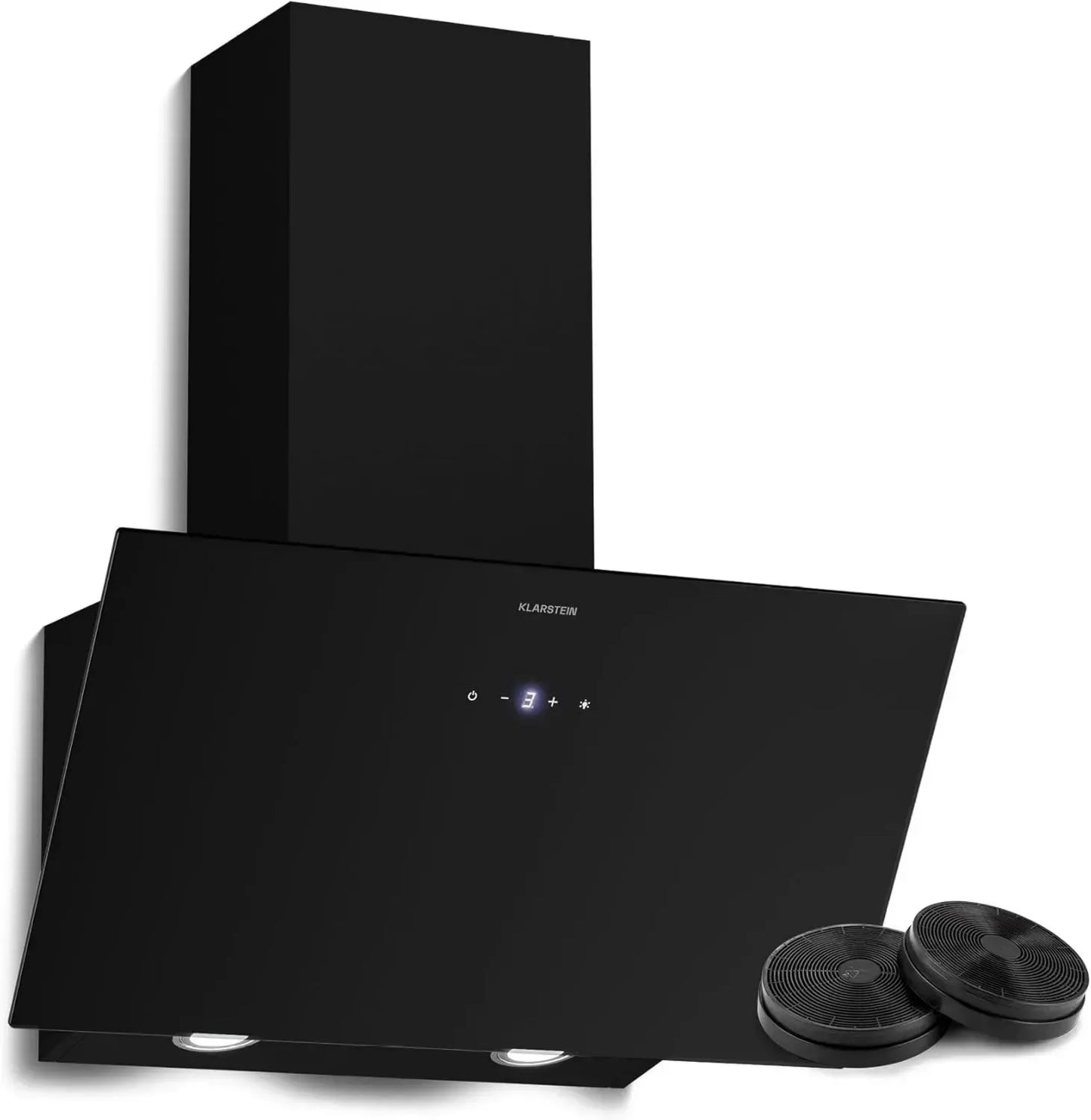 Klarstein Hotte Aspirante Verre Noir 60 cm - Inclinée A+++, 417 m³/h, LED, 3 Vitesses & Boost, Filtre à Charbon, Commandes Tactiles, Recyclage/Évacuation
