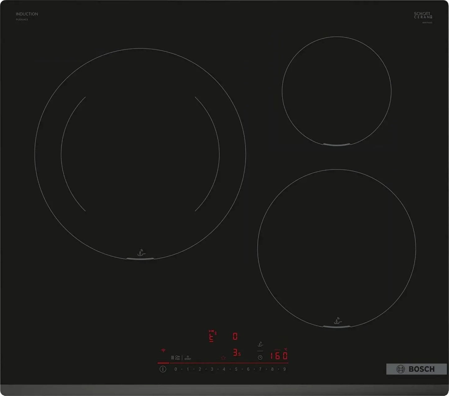 Plaque à induction Bosch 60 cm Série 6 avec 3 zones de cuisson, DirectSelect et PerfectFry Noir