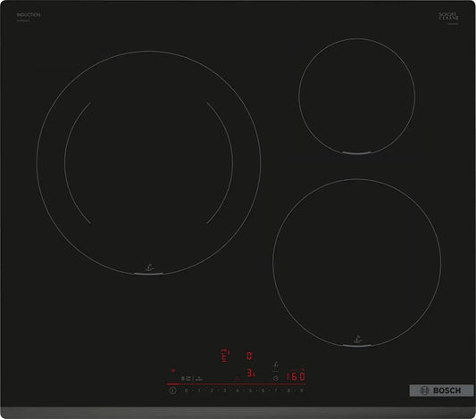 Plaque à induction Bosch 60 cm Série 6 avec 3 zones de cuisson, DirectSelect et PerfectFry Noir
